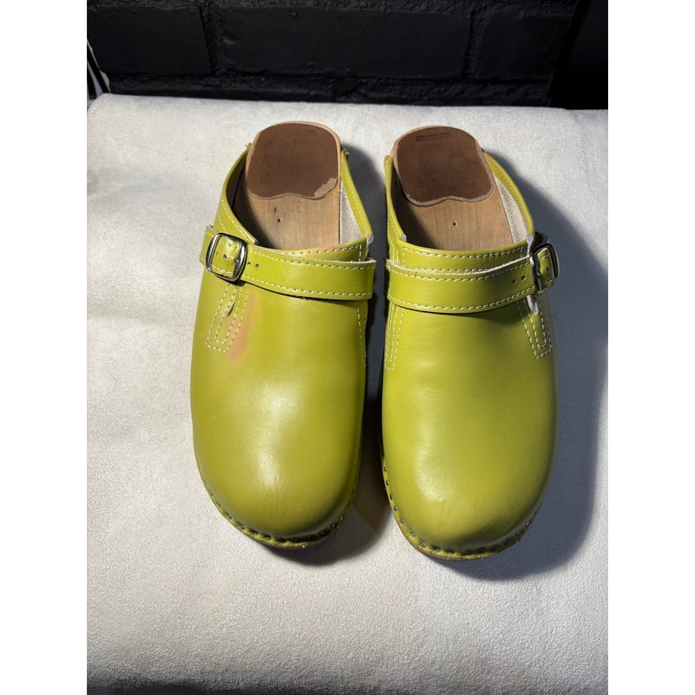 Troentorp Clogs Women 41 Green Wright Buckle Leather Wooden Swedish Clogs